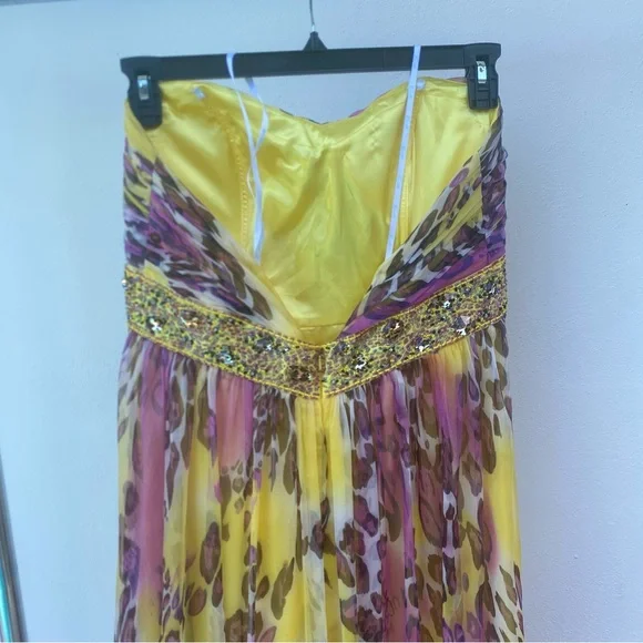 Y2K Camille La Vie Pink & Yellow Leopard Beaded Gown Size 14 - Picture 7 of 9